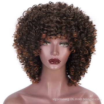 Vigorous Hot Selling Cheap Price Short Fluffy Kinky Curly Ombre Color Machine Made Cosplay For Black Women Synthetic Hair Wigs